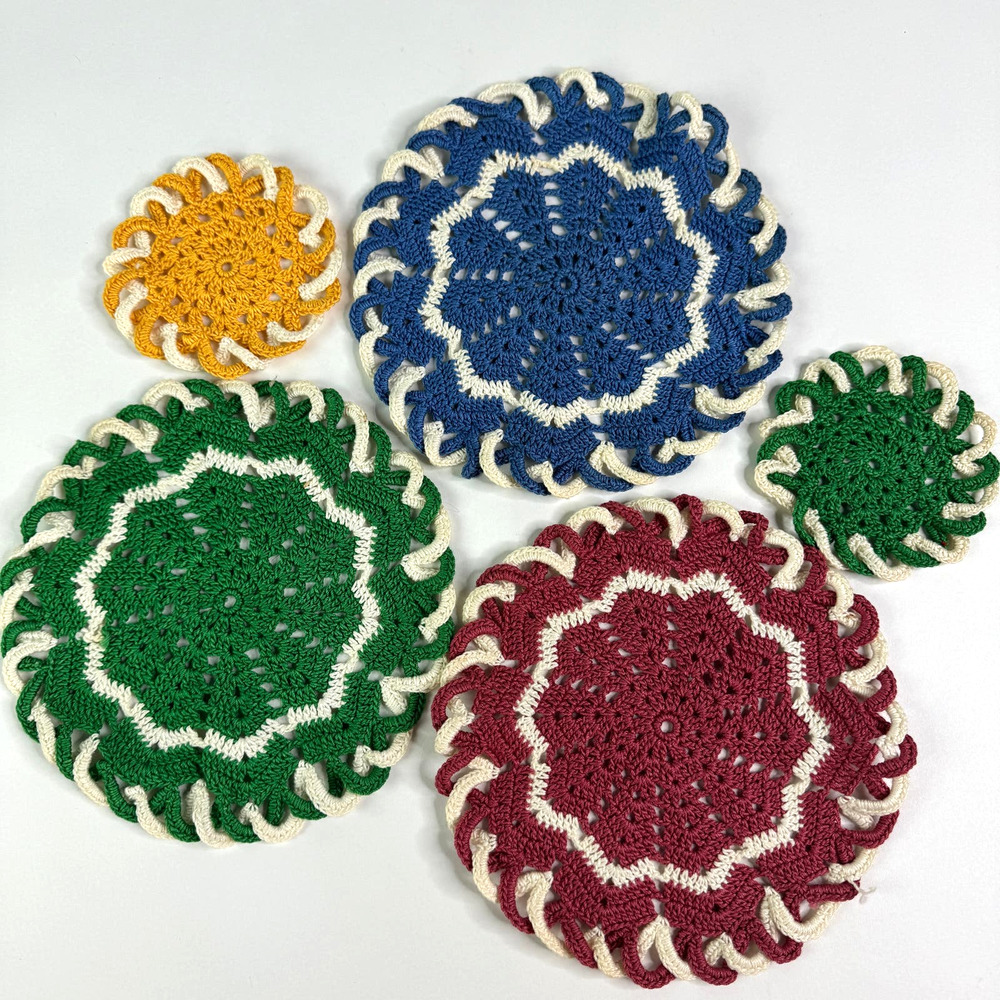 5 Vintage Doilies Hand Crochet Green Blue Yellow Round Cottage Country Core